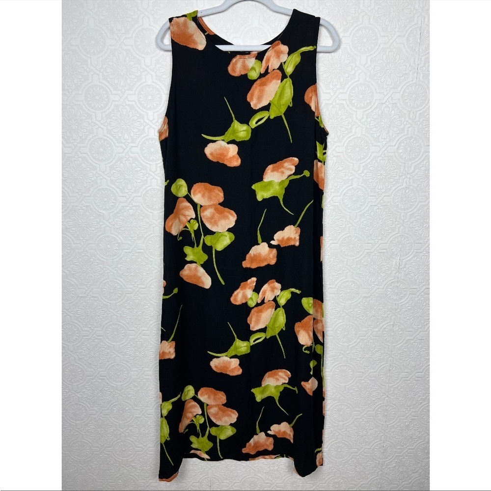 Vintage‎ Floral Maxi Dress Flowers Black Shapeless Sleeveless